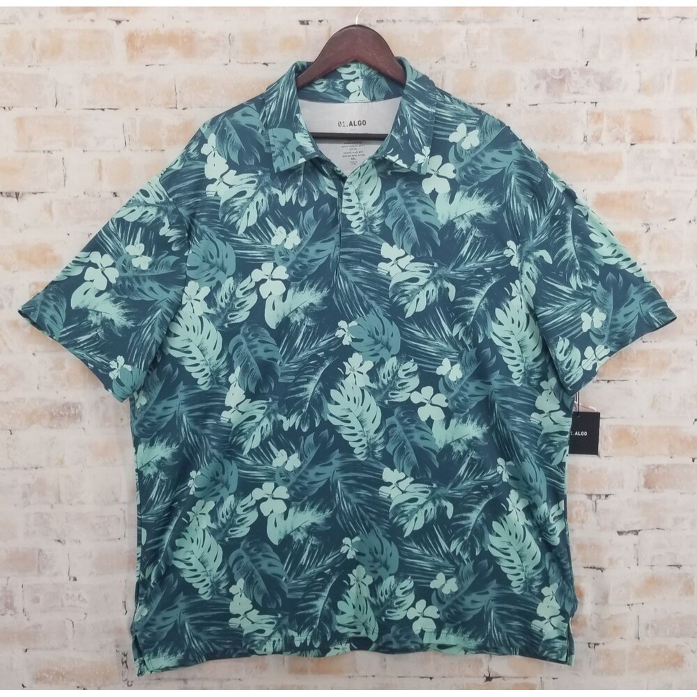 NWT 01.ALGO Performance Polo Shirt Short Sleeve Blue Floral Men's XXL UPF 40